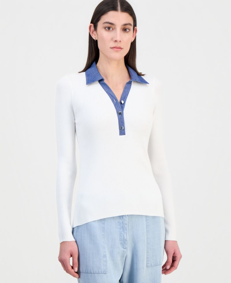 Women's Contrast Collared Ribbed Knit Sweater