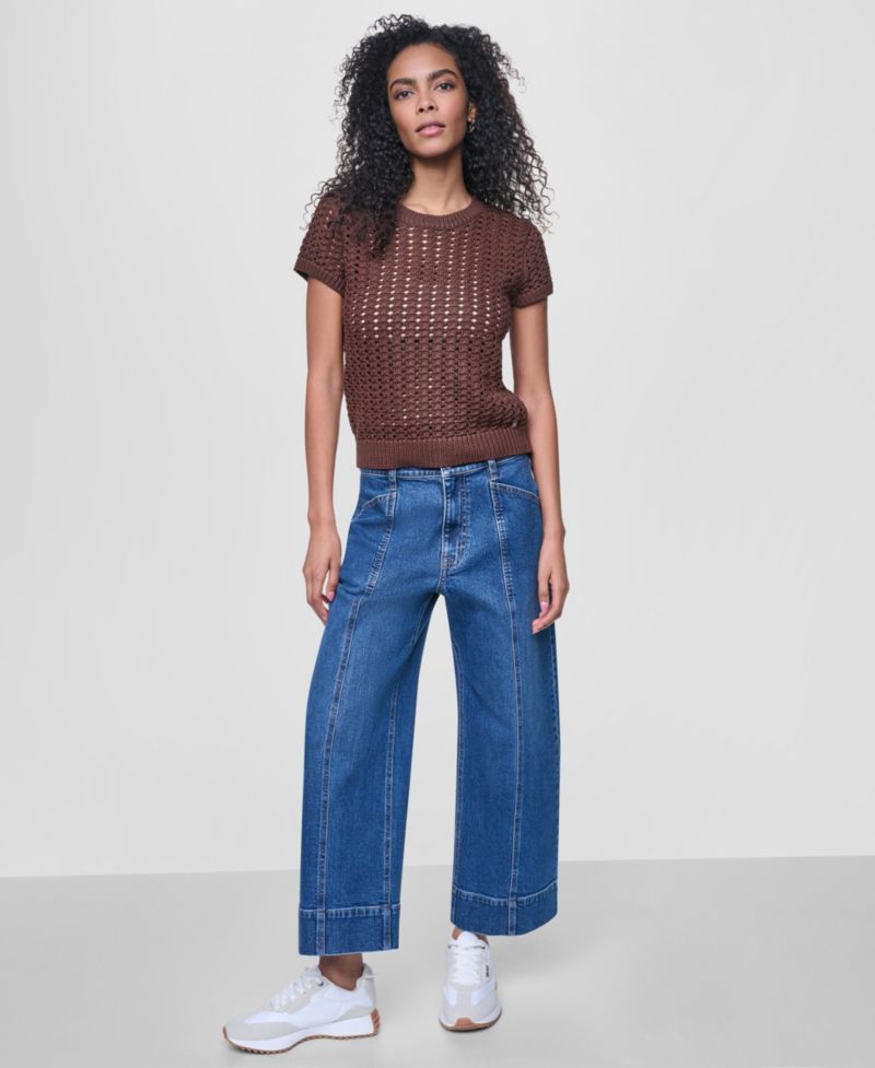 Women's Short-Sleeve Airy Chunky Pointelle Crewneck Sweater