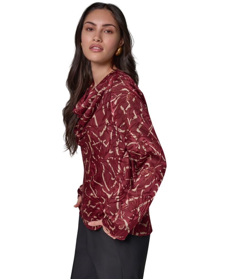 Women's Long-Sleeve Burnout Cowl-Neck Blouse