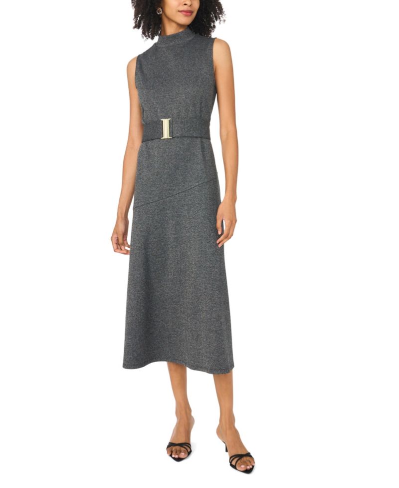 Women's High Mock-Neck A-Line Sleeveless Midi Dress