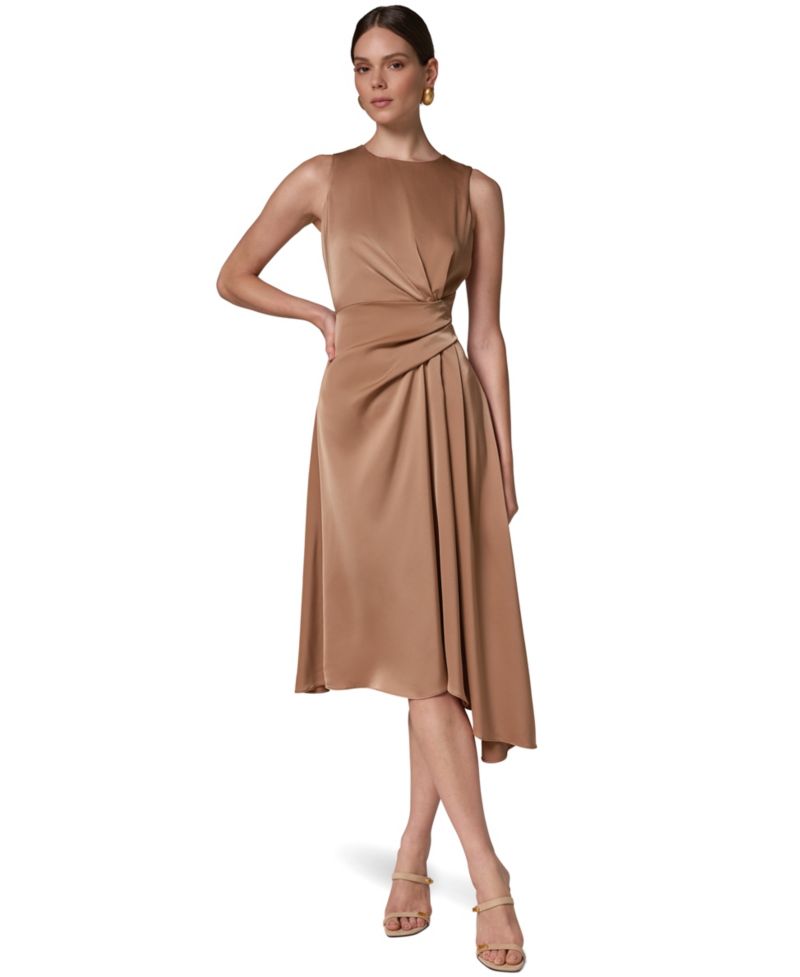 Women's Satin Draped-Waist Asymmetric-Hem Midi Dress