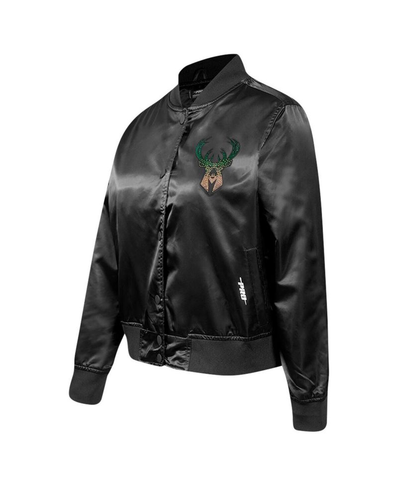 Women's Black Milwaukee Bucks Rhinestone Satin Full-Snap Jacket