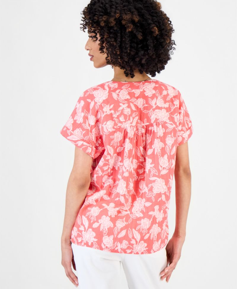 Petite Cotton Gauze V-Neck Short-Sleeve Top