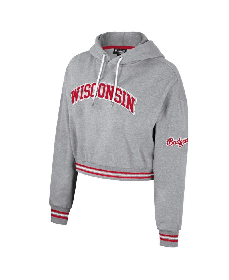 Women's Heather Gray Distressed Wisconsin Badgers Cropped Shimmer Pullover Hoodie