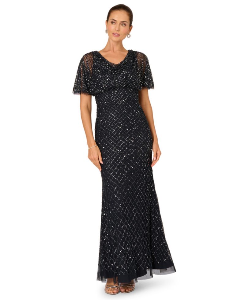 Women's Crew Neck Beaded Cowl Drape Ball Gown