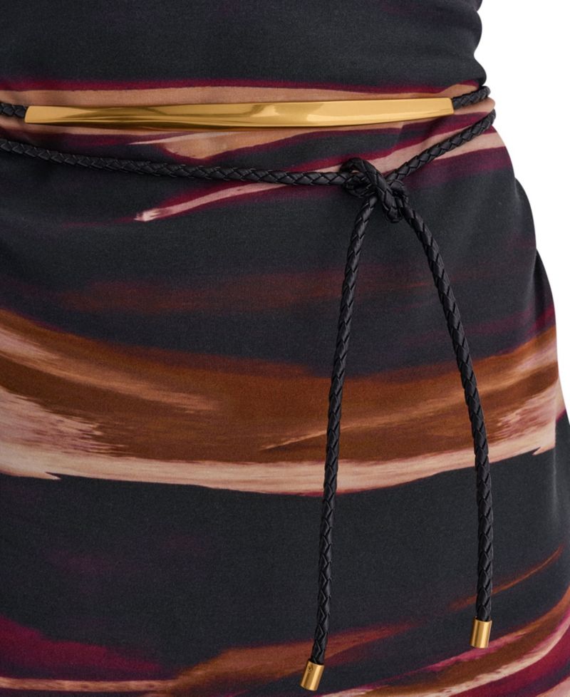 Women's Sleeveless Printed Midi Sheath Dress with Belt