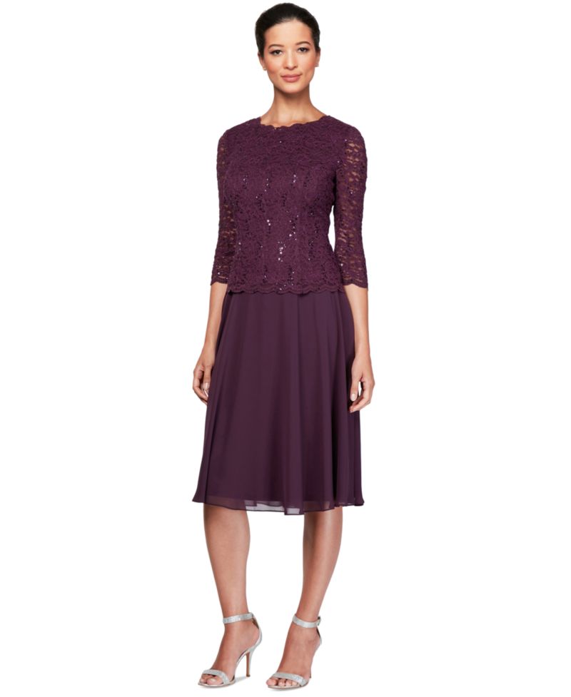 Women's Sequined Lace Contrast Midi Dress