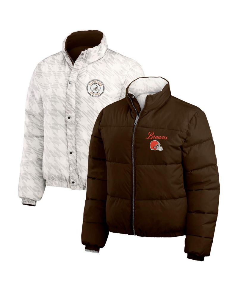 Women's Brown/White Cleveland Browns Reversible Cropped Full-Zip Puffer Jacket