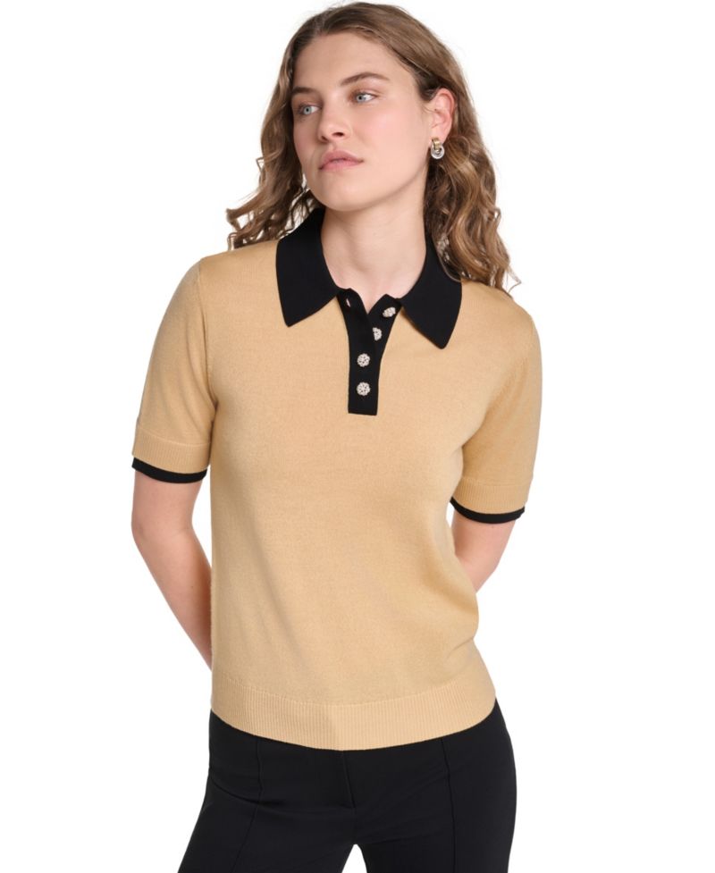 Petite Short-Sleeve Contrast Collar Sweater