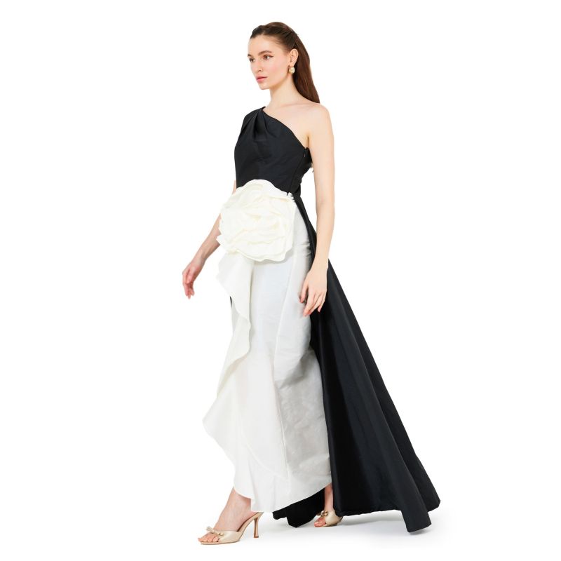 Women's One Shoulder Dress With Cascading Ruffle Flower Detail