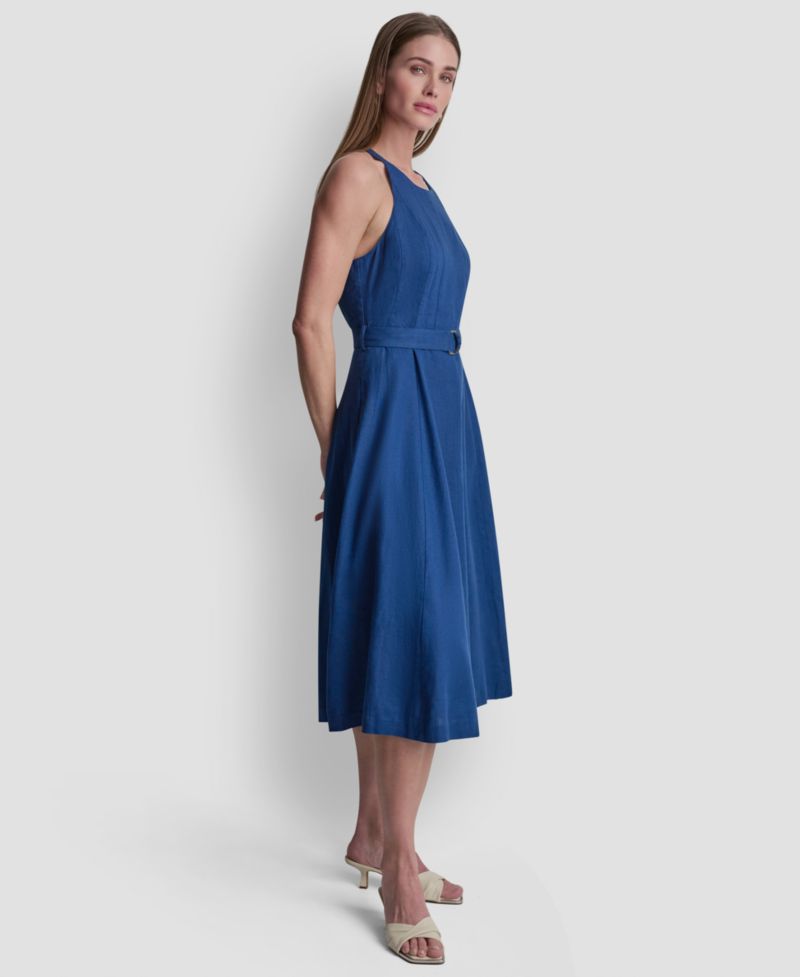 Women's Sleeveless Crew Neck Belted Midi Dress