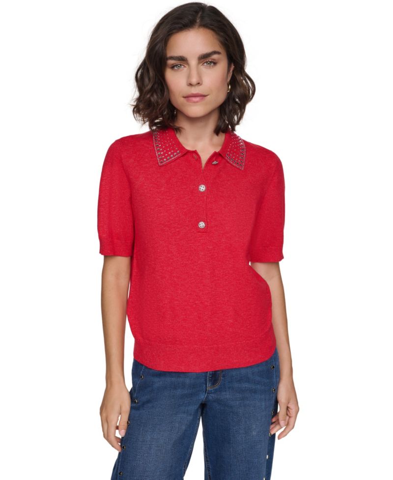 Petite Key Item Short-Sleeve Embellished-Collar Polo Shirt