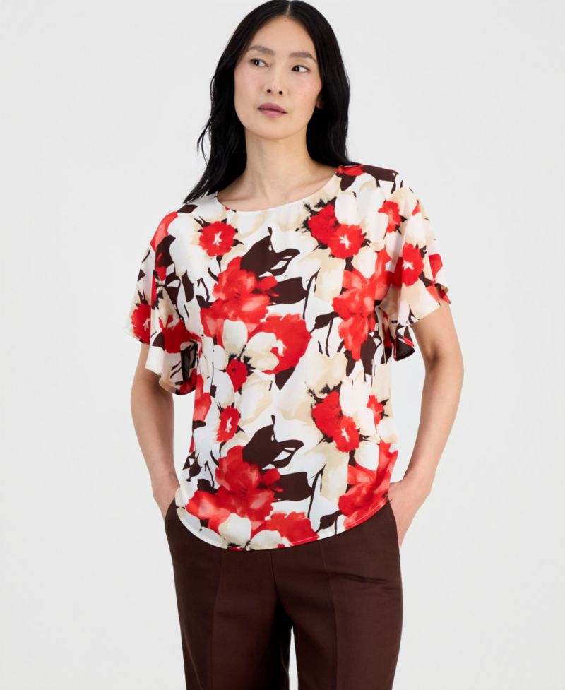 Women's Printed Flutter-Sleeve Top