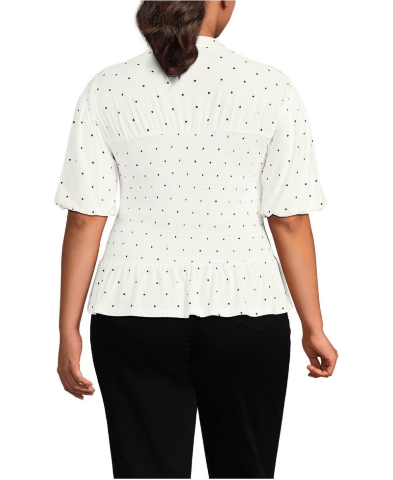 Plus Size Bubble Sleeve Silky Knit Smocked Mock Neck Top
