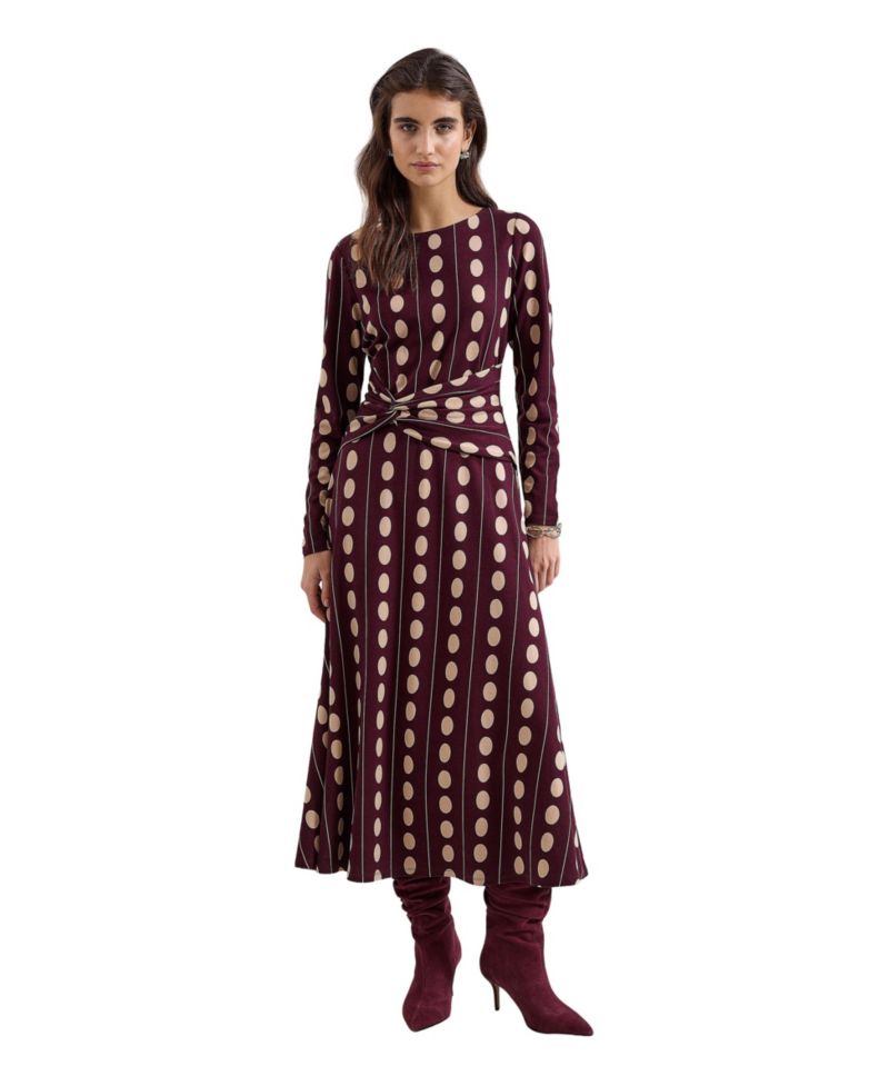 Women's Eugenie Long-Sleeve Polka-Dot Knotted-Waist Midi Dress