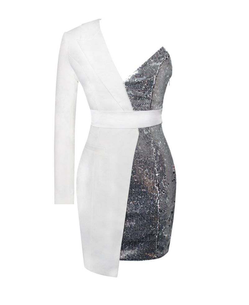 Women's Silver Night White Sequin Crepe Tuxedo Blazer Dress