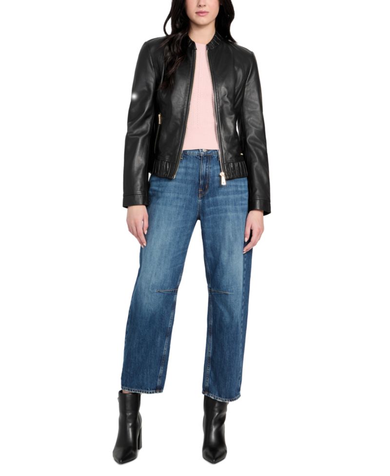 Women's Collarless Zip-Front Leather Jacket, Created for Macy's