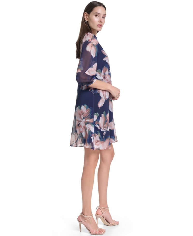 Women's 3/4-Sleeve Floral Chiffon Shift Dress