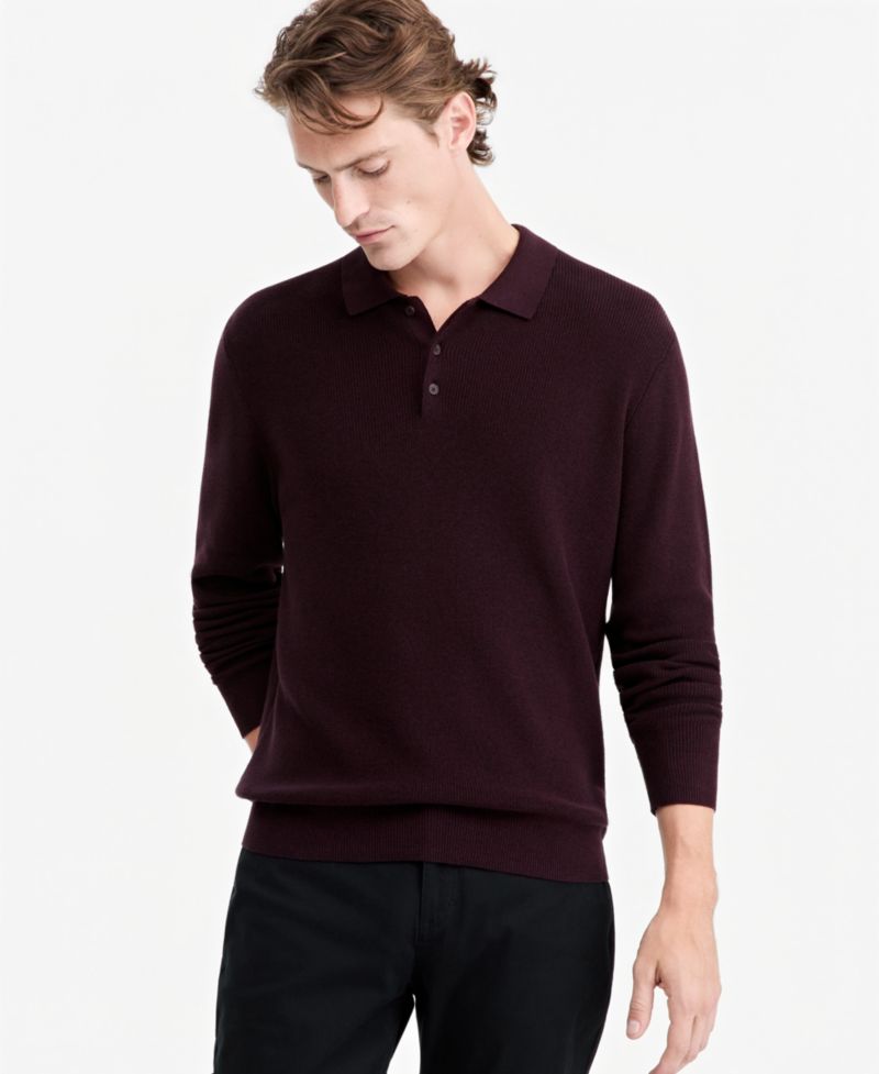 Men's Polo Long-Sleeve Regular-Fit Fully-Fashioned-Sleeve Sweater