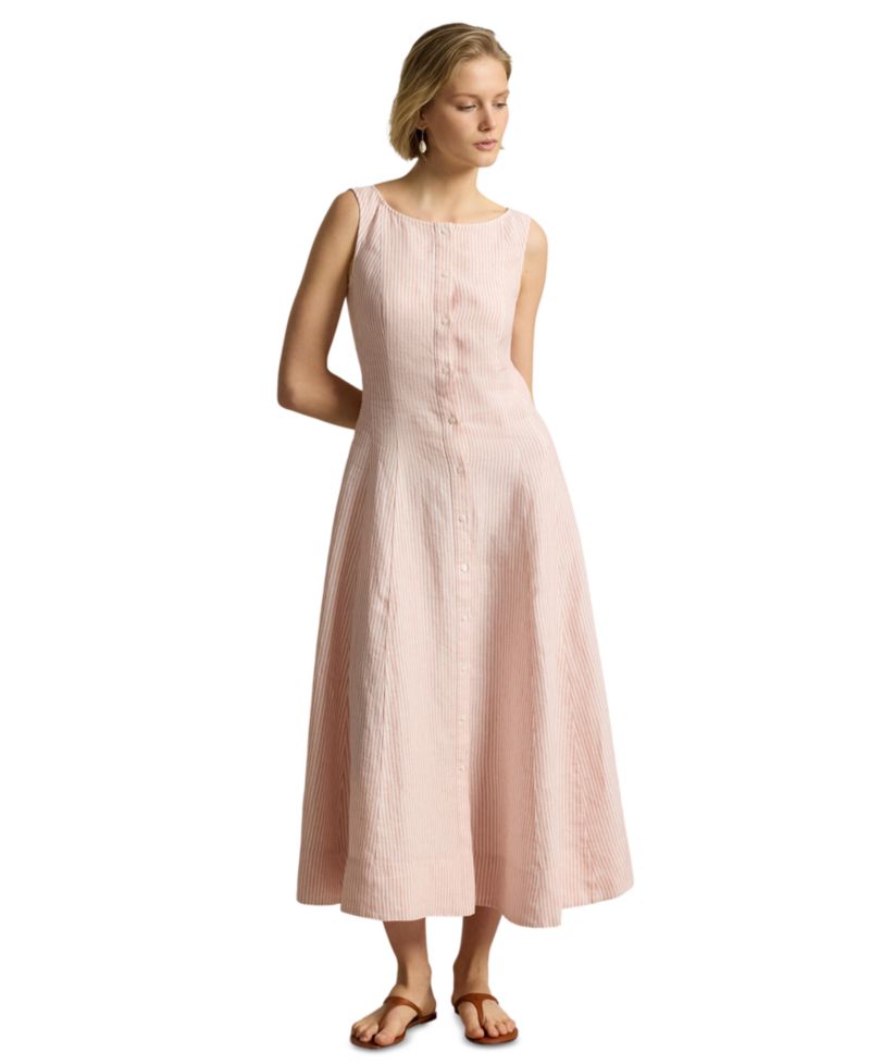 Women's Striped Fit-and-Flare Linen Midi Dress