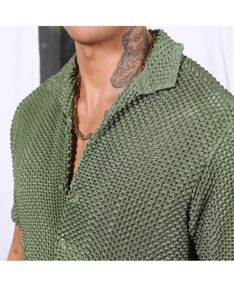 Men's Olive Green Puffy-Textured Shirt