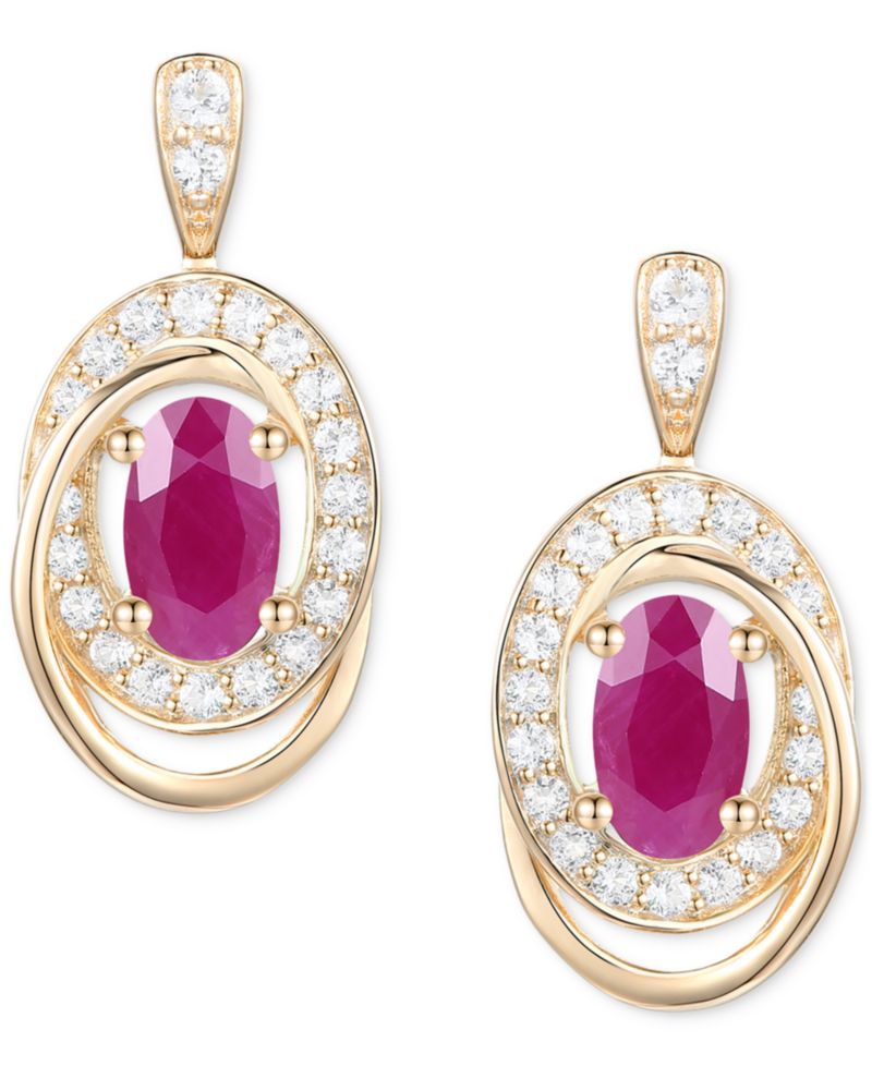 Emerald (3/8 ct. t.w.) & Diamond (1/5 ct. t.w.) Oval Swirl Drop Earrings in 14k Gold (Also in Ruby & Sapphire)