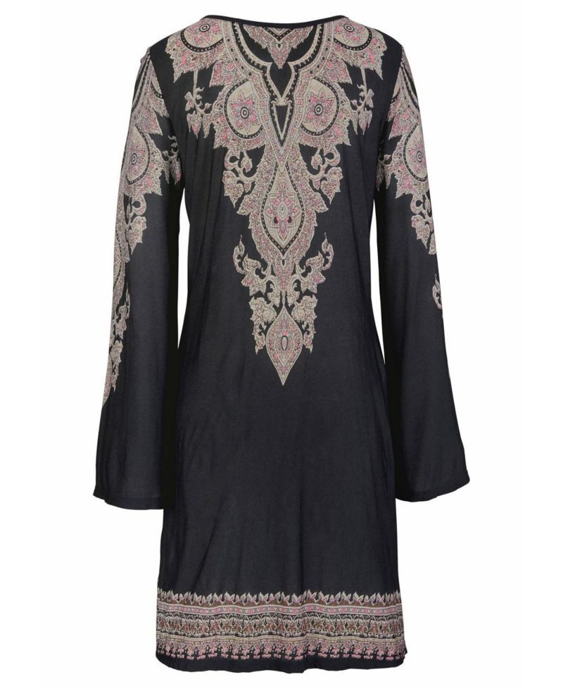 Women's Viscose Boho Print Lace Up Notch-Neck Short Dress