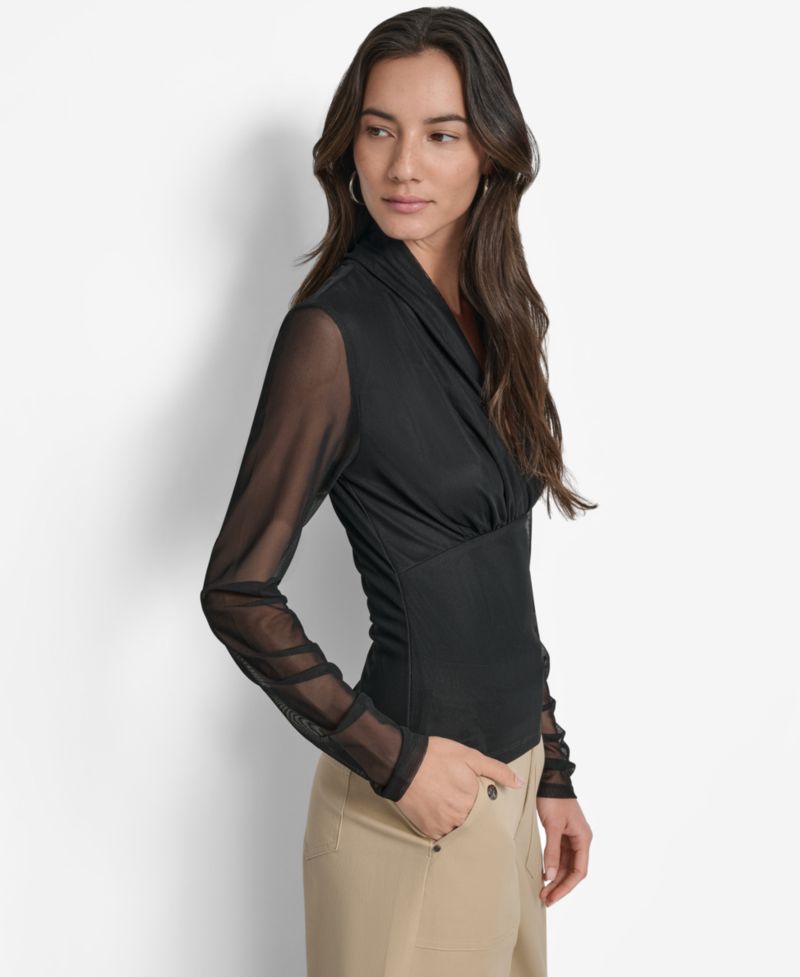 Women's Mesh V-Neck Long-Sleeve Top