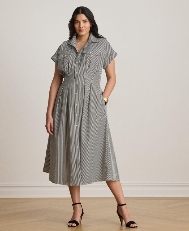 Women's Striped Pleated Broadcloth Shirt Dress