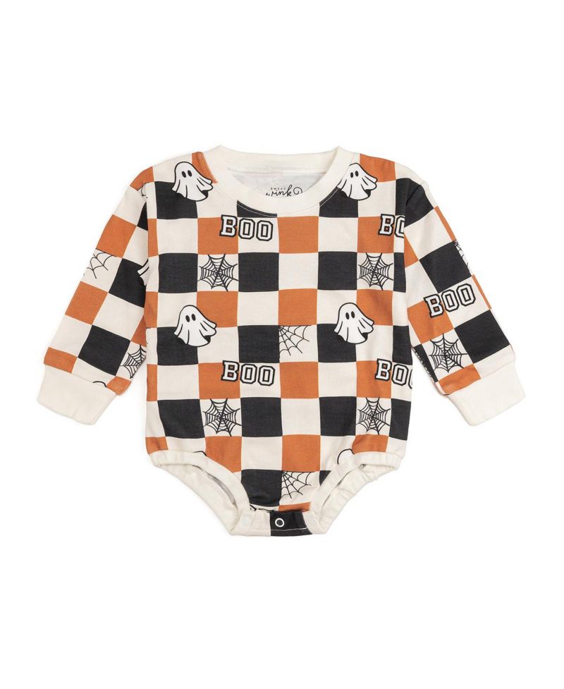 Baby Boys Boo Checkered Halloween Long Sleeve Romper
