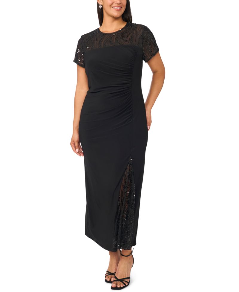 Plus Size Beaded Mesh Side Ruched Short-Sleeve Gown