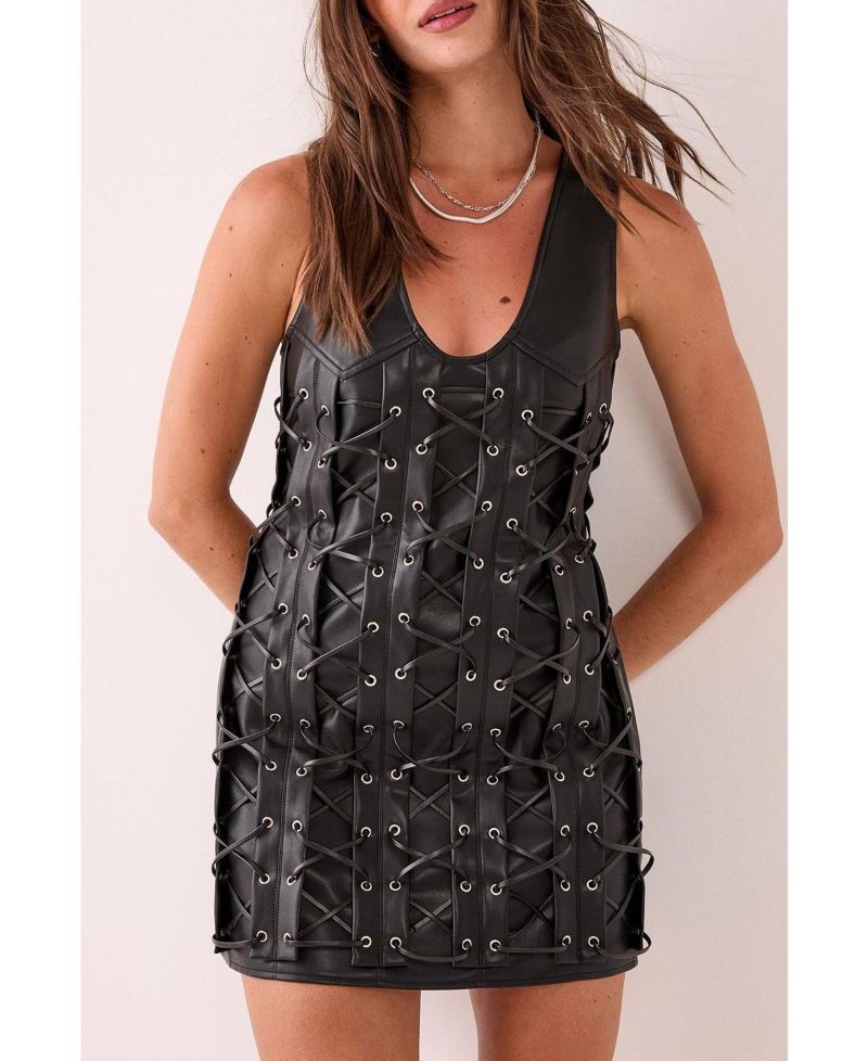 Women's Eyelet Lace Up Faux Leather Mini Dress