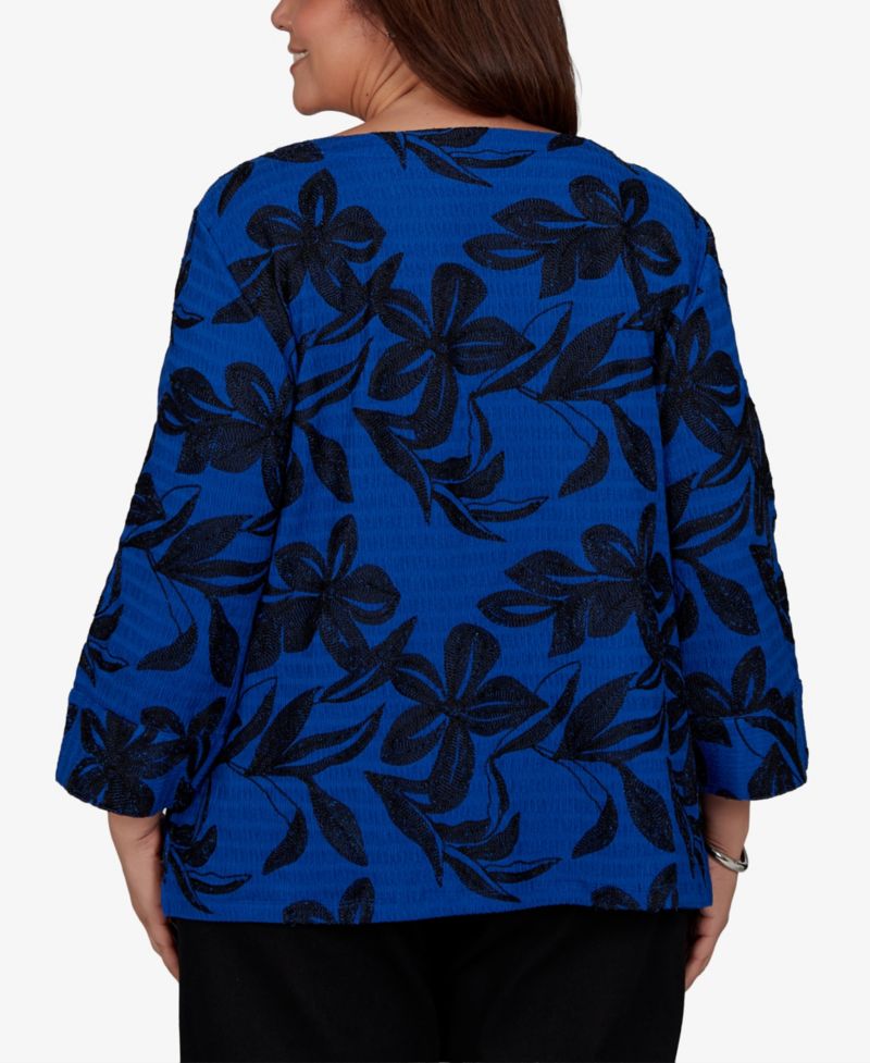Plus Size Calm Luxe Floral Textured-Knit Boat Neck Blouse