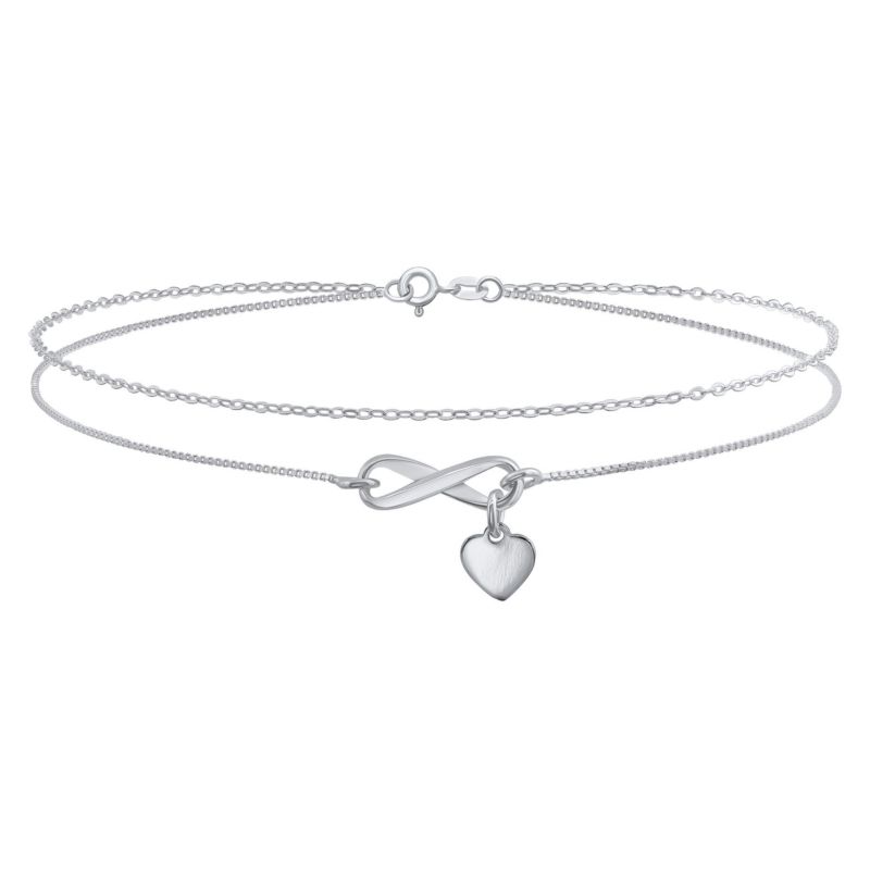 Infinity and Heart Anklet Charm Ankle Bracelet Double Strand Sterling Silver