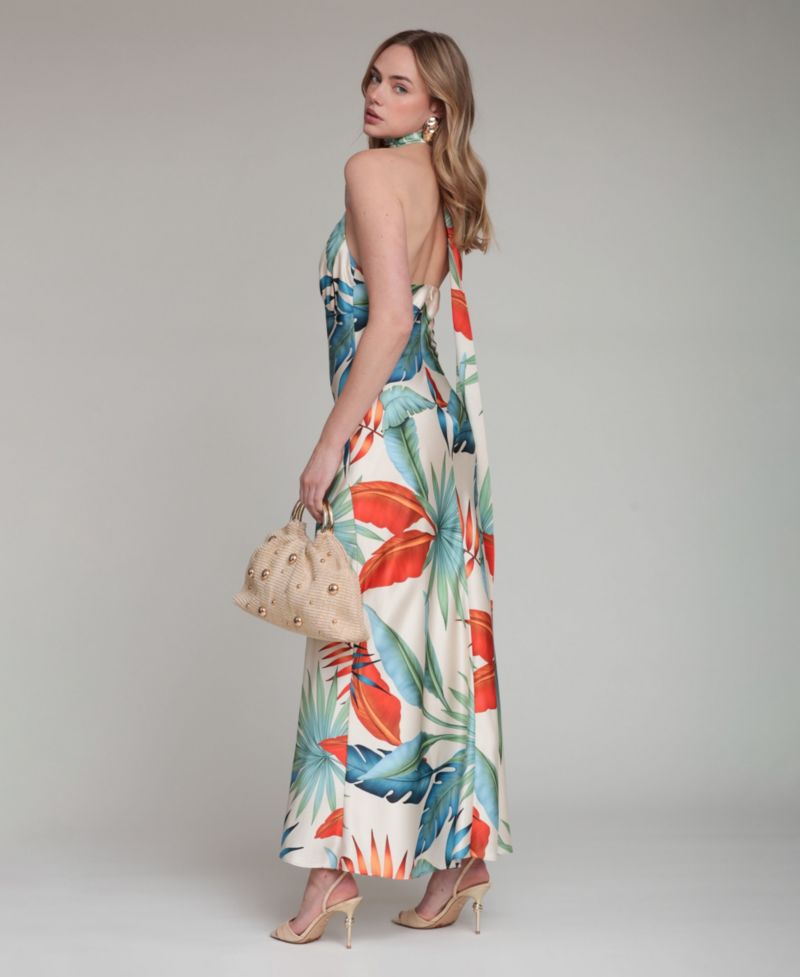 Women's Printed Halter Scarf-Tie Maxi Dress