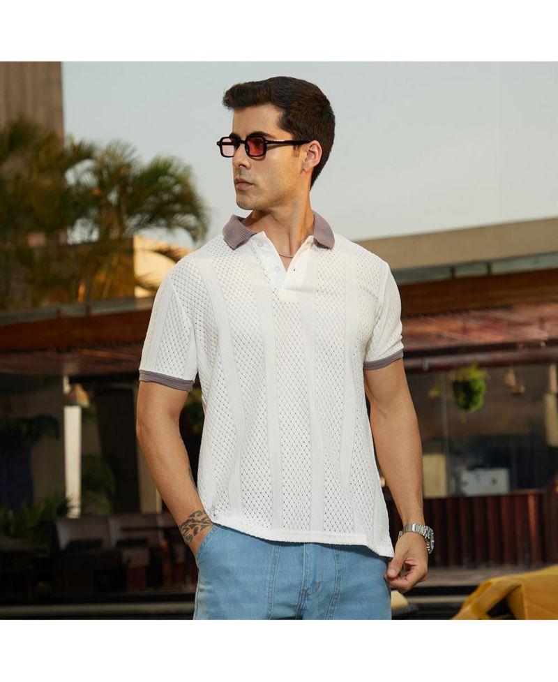 Men's Chalk White and Pastel Purple Contrast Open-Knit Polo T-Shirt