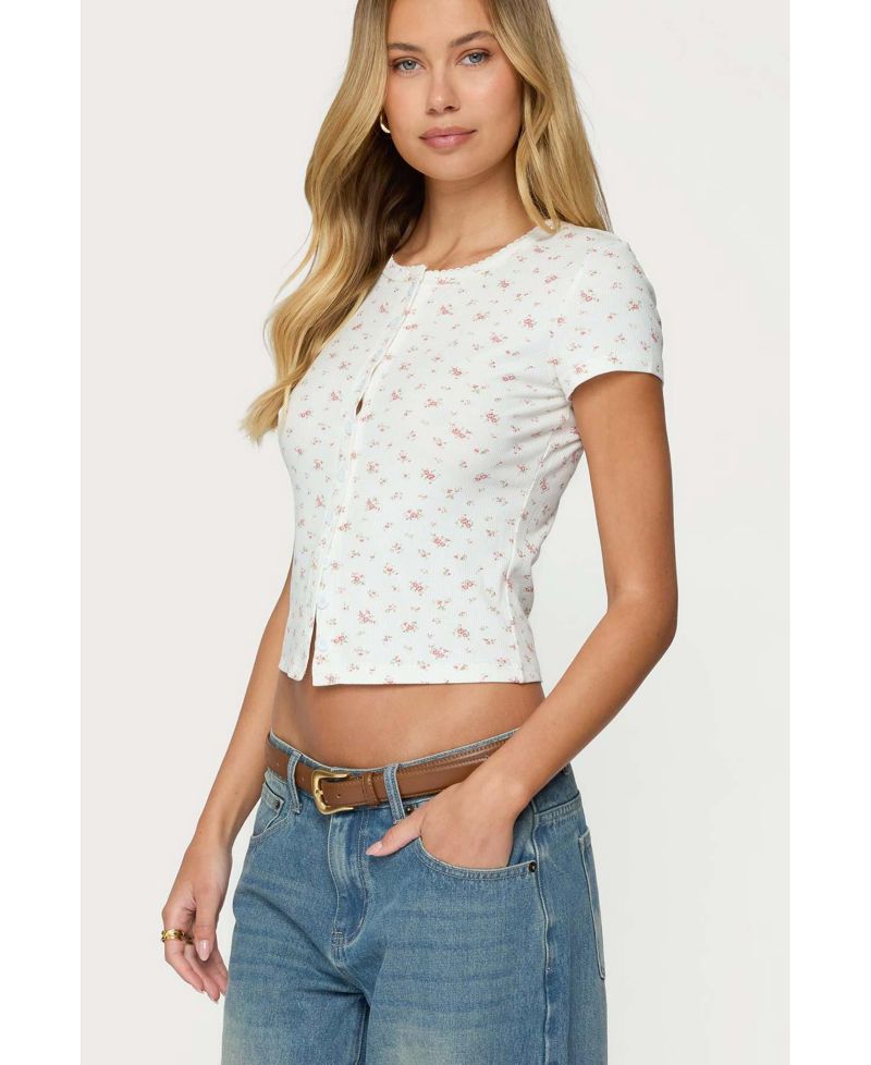 Women's Odella Floral Ribbed Button Up Top
