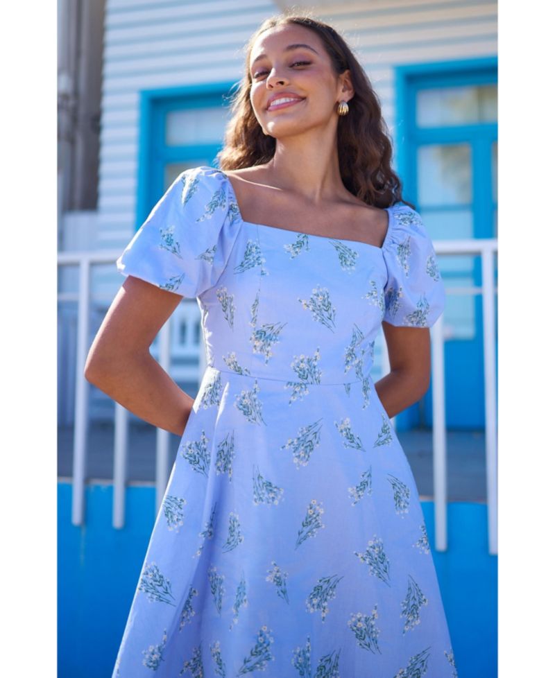 Women's Cotton Floral Puff Sleeve Skater Dress