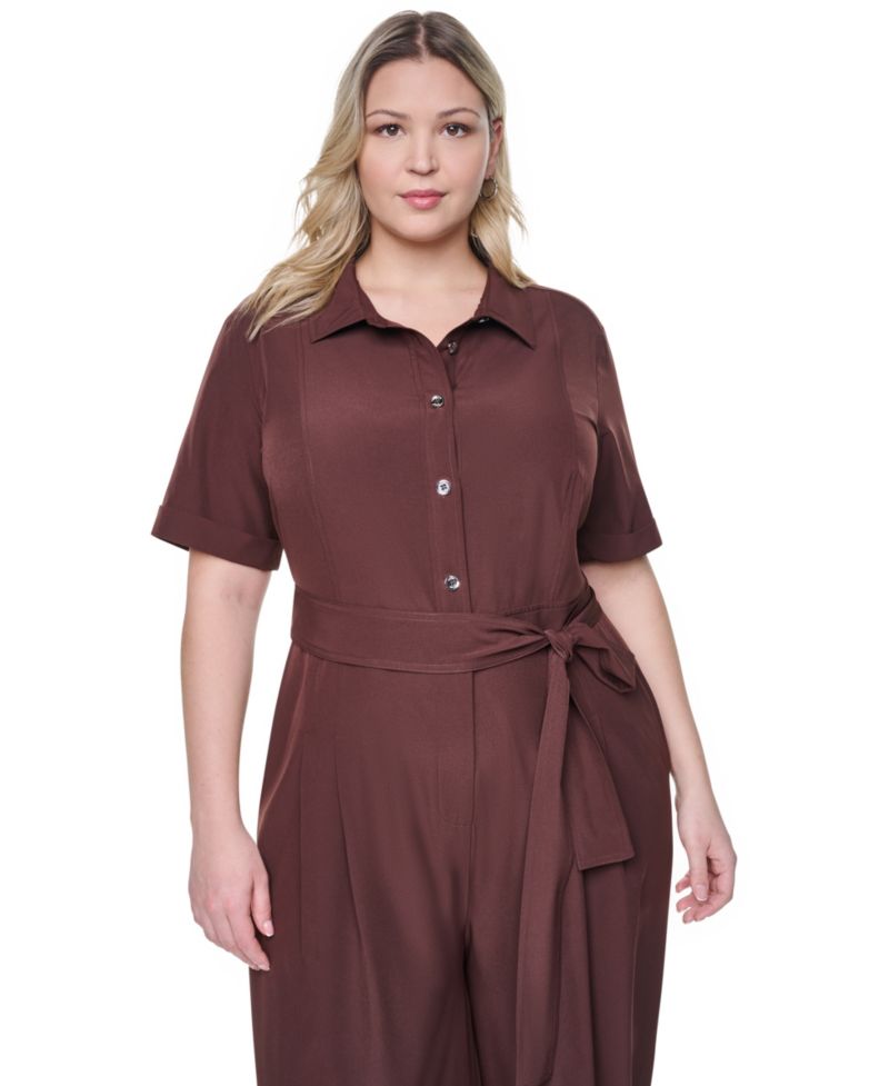 Plus Size Wide-Leg Short-Sleeve Tie Belt Jumpsuit