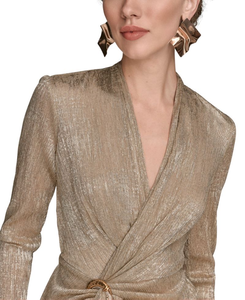 Petite Metallic Long-Sleeve Wrap Dress