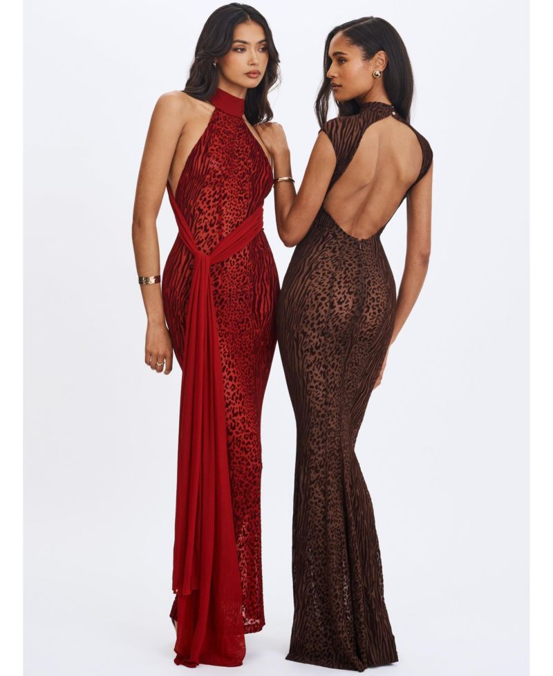 Women's Cerise Scarlet Burnout Velvet Multiwear Mesh Ribbon Maxi Dress