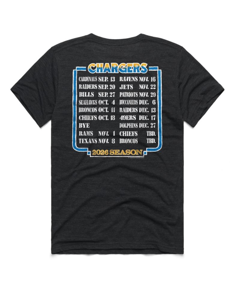 Men's and Women's Charcoal Los Angeles Chargers 2026 NFL Schedule Queen Tri-Blend T-Shirt