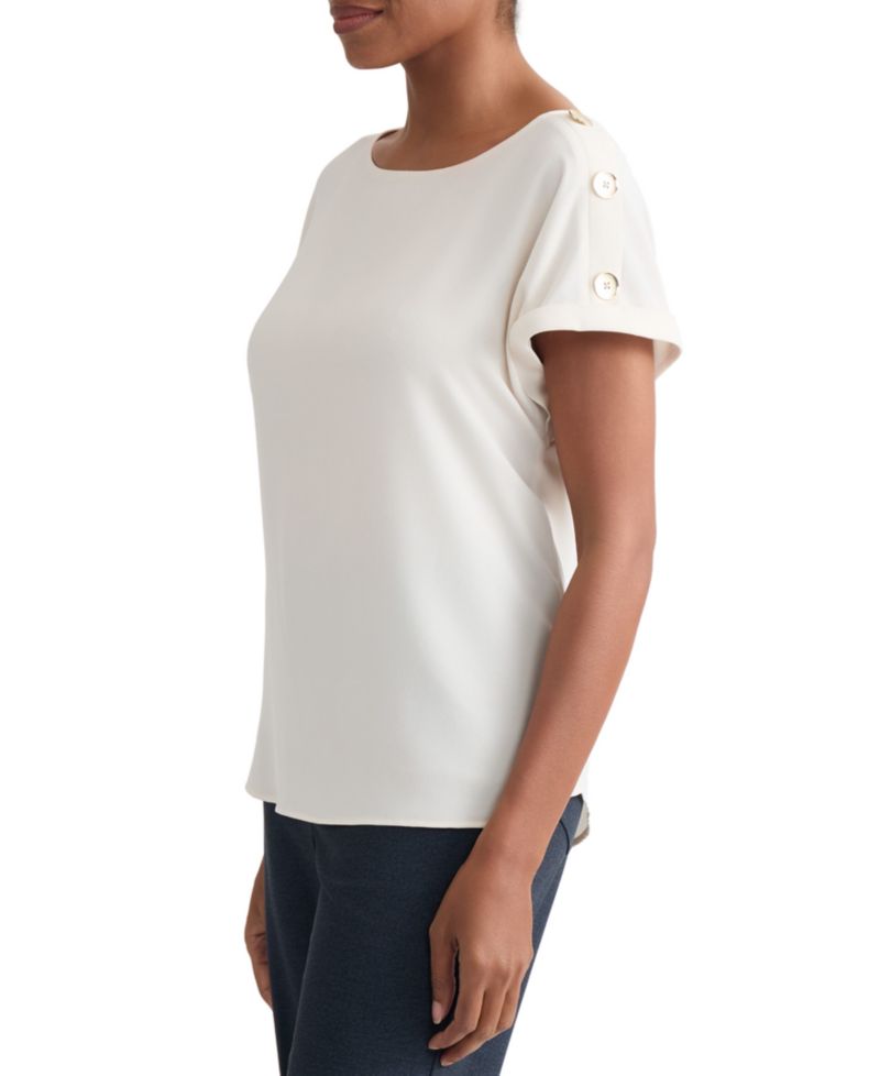 Petite Shoulder-Button-Detail Boat-Neck Short-Sleeve Blouse