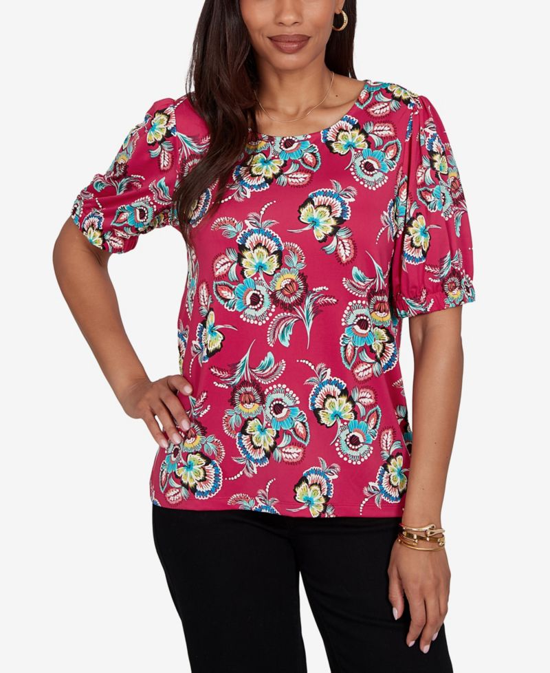 Petite Etched Floral Puff Print Blouse