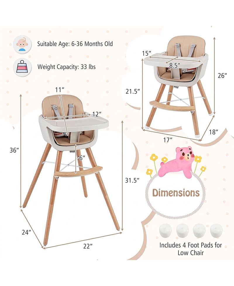 Baby 6-in-1 Convertible Wooden High Chair with Detachable Legs
