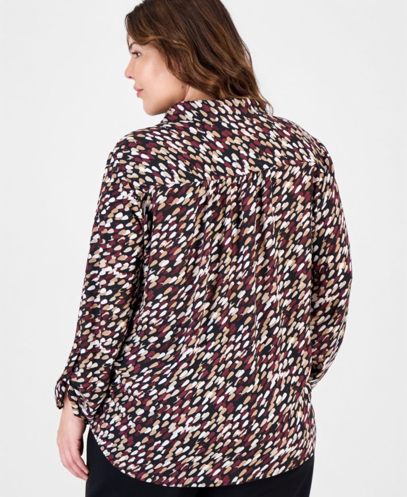 Plus Size V-Neck Long Roll-Tab Sleeves Blouse