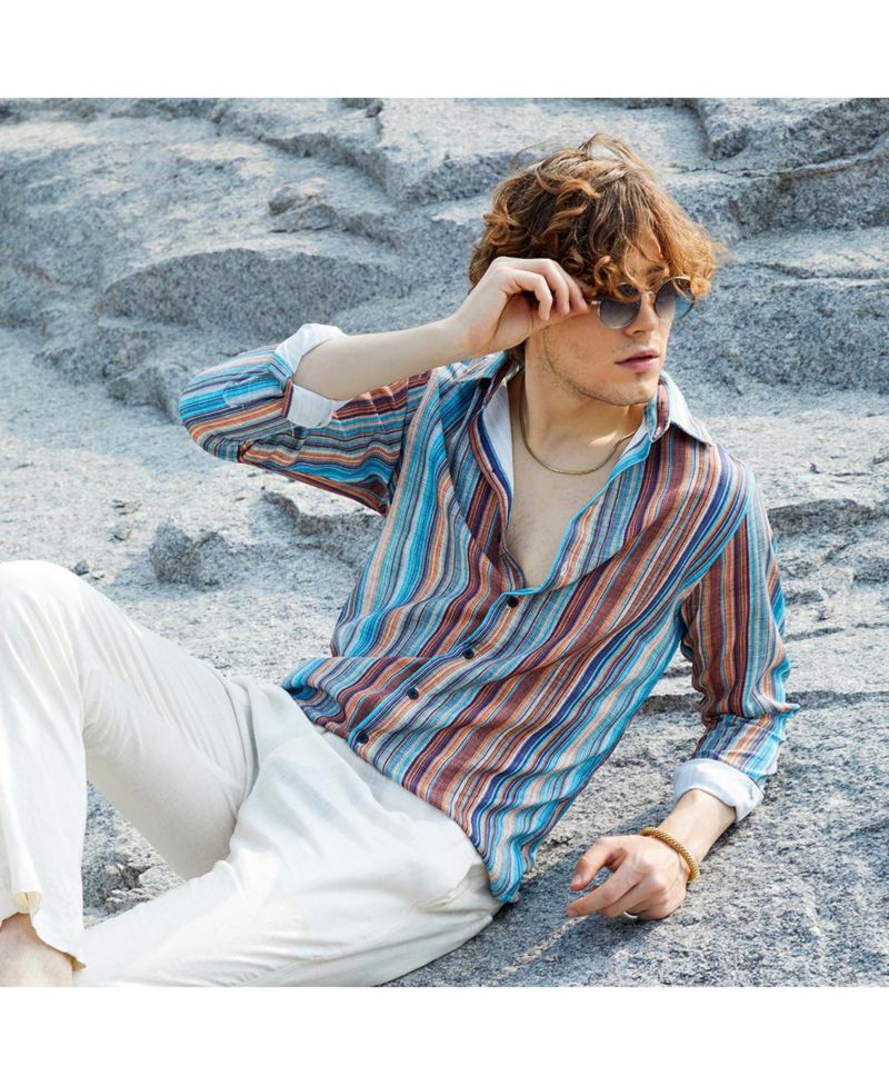Men's Azure Blue & Chocolate Brown Multitrack-Striped Shirt