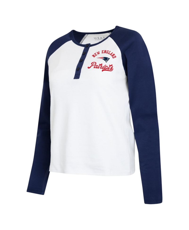 Women's White/Navy New England Patriots Henley Long Sleeve Raglan T-Shirt