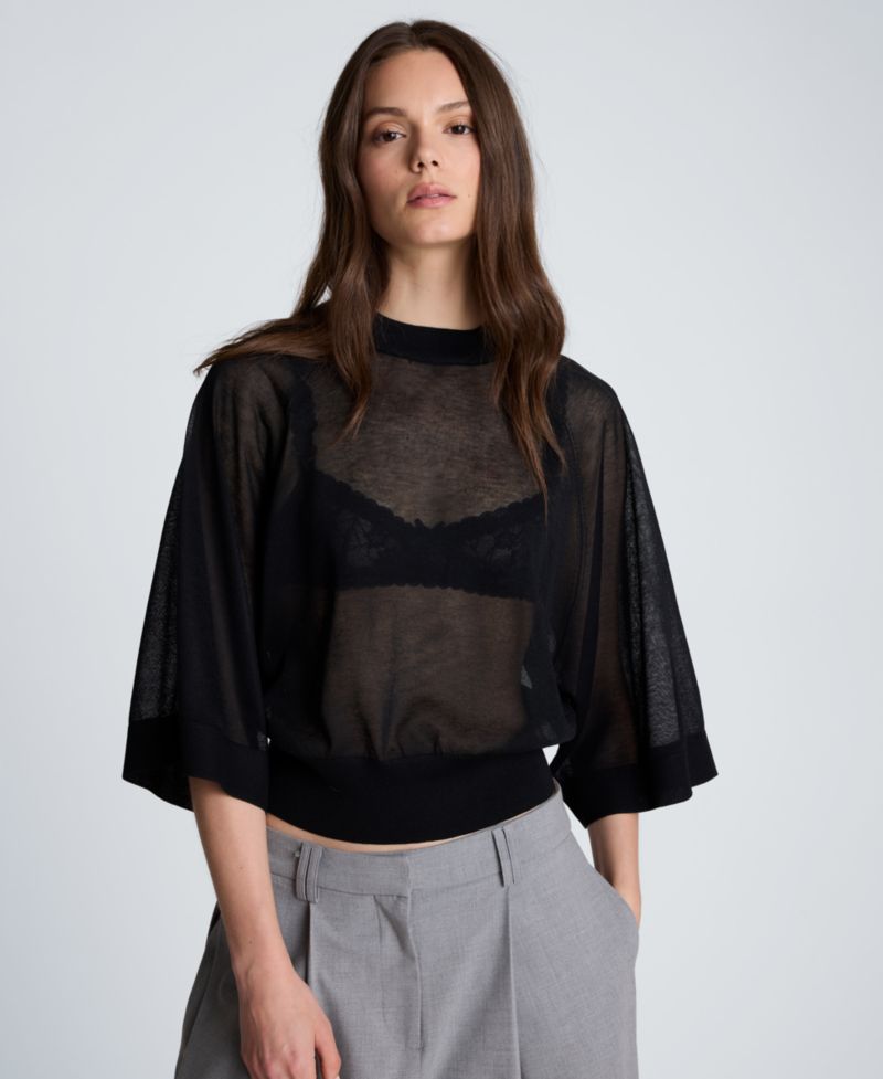 Women's Semi-Sheer Raglan Crewneck Cropped Sweater