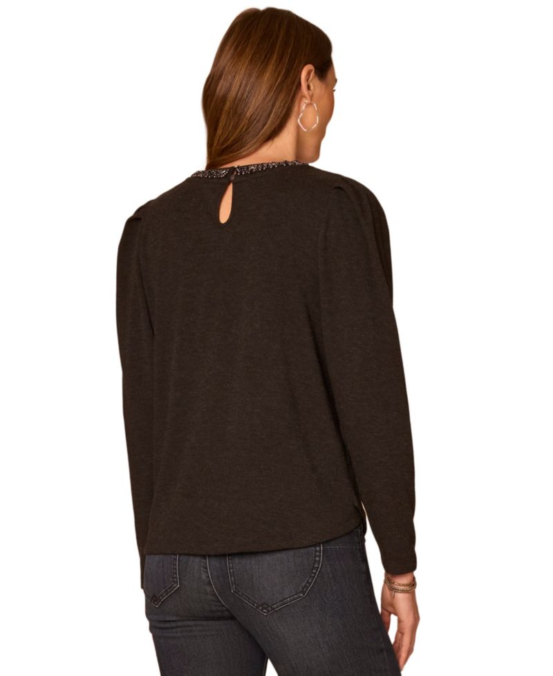 Petite Long-Sleeve Rhinestone Scoop-Neck Blouse